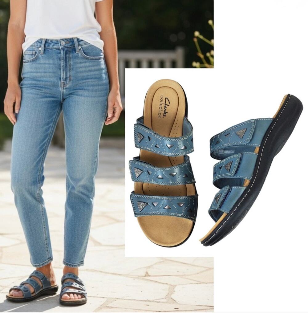 Clarks wide width Laurieann Nora strappy sandals blue grey leather, size 12